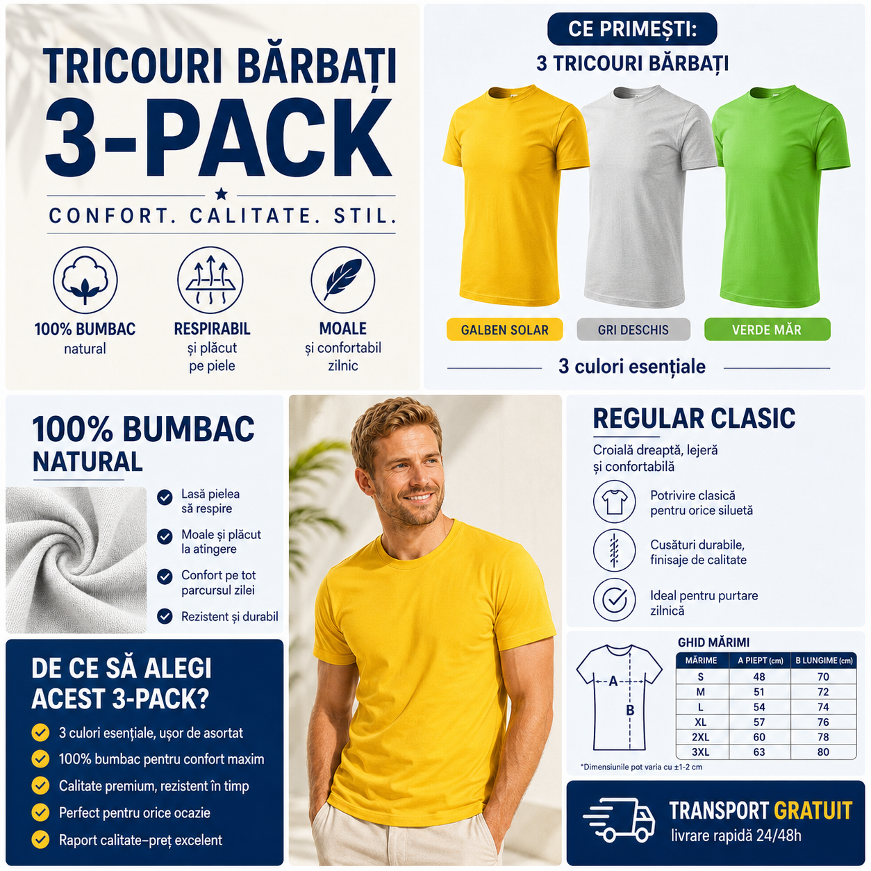 Set 3 tricouri bărbați 100% bumbac regular clasic galben gri deschis și verde mar S-3XL